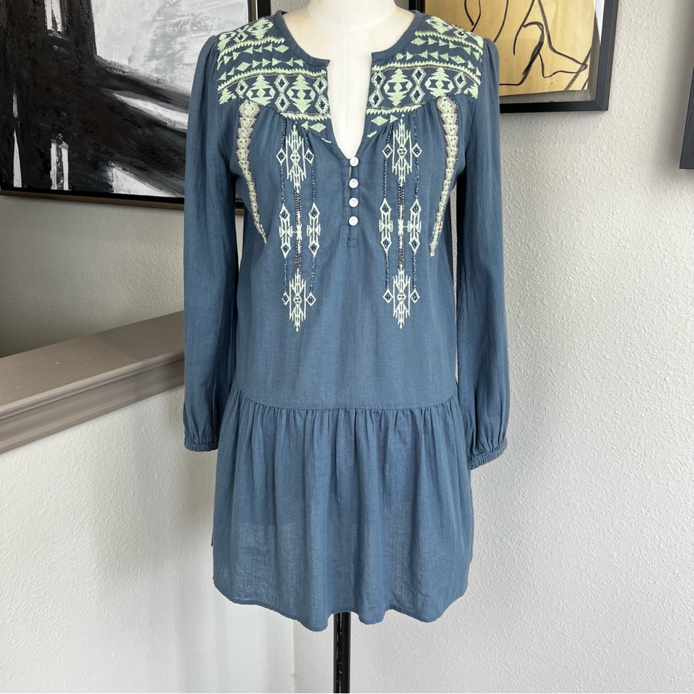 CHRISTOPHE SAUVAT blue embroidered and beaded drop waist dress